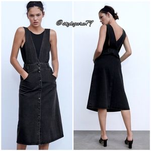 NWT, ZARA, Black Denim Pinafore Jumper Dress